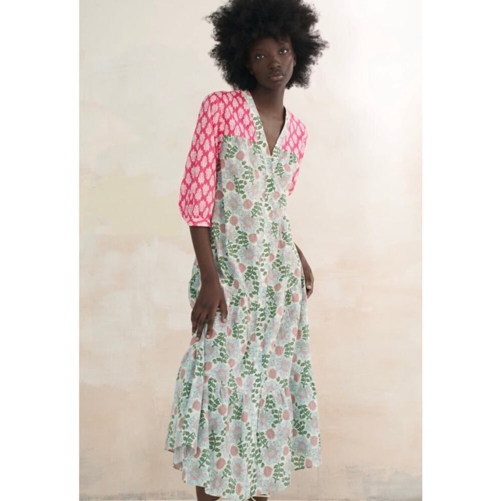 Floral Block Print Cotton Midi Dress💜